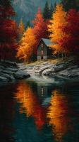 Charming cabin by a tranquil lake surrounded by vibrant autumn foliage reflecting on the water's surface in a peaceful forest setting photo