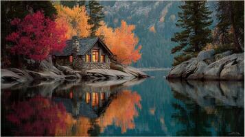 Colorful autumn reflections by a stone cabin near a tranquil lake in the mountains during sunset photo
