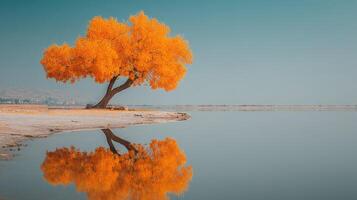 Vibrant autumn tree reflecting in calm water at sunset near a serene landscape photo