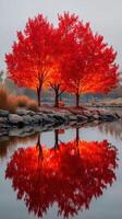 Bright red trees reflect in calm water during autumn twilight at a serene lakeside location photo