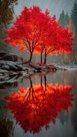 Vibrant autumn trees reflect in still waters of a serene lake at dawn in a forested landscape photo