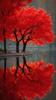 Red autumn trees reflecting on a tranquil lake in early morning light photo