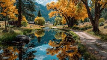 Vibrant autumn landscape by a tranquil river in the mountains with golden trees reflecting in the water photo
