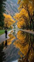 Stunning autumn reflections in a serene park setting with vibrant yellow trees beside a calm waterway photo