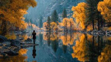 Woman standing by a serene river surrounded by vibrant autumn foliage in a mountain landscape photo