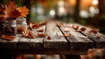 Rustic wooden table adorned with autumn leaves and jars showcasing seasonal decorations photo