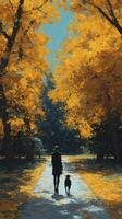 Walk along a tree-lined path in autumn with a person and a dog under golden leaves photo
