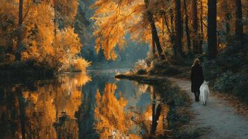 Stroll along a serene riverbank surrounded by vibrant autumn foliage in a peaceful forest setting photo