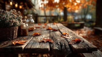 Autumn table setting with fallen leaves and flowers in a tranquil outdoor space during golden hour photo
