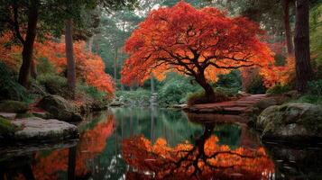 Vibrant autumn scene with red-leafed tree reflected in tranquil pond at serene garden photo