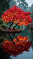 Vibrant autumn tree reflecting in serene water at a peaceful park during the early morning photo