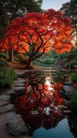 Vibrant autumn foliage reflects in tranquil pond at sunset in a serene garden setting photo