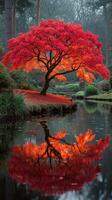 Vibrant autumn foliage by a tranquil pond in a peaceful garden during early morning light photo
