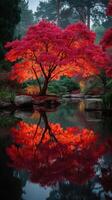 Vibrant autumn foliage reflected in tranquil water at a serene garden setting photo