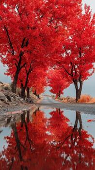 Vibrant autumn landscape with red trees reflecting in a calm puddle at a rural road during a cloudy day photo