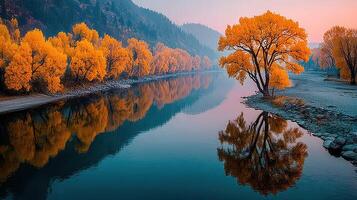 Autumn trees reflect in calm river at sunrise near mountains in serene landscape photo