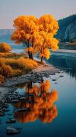 Autumn trees reflect in tranquil river during golden hour in serene landscape photo