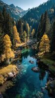 Reflections of autumn colors in a serene alpine river surrounded by towering mountains photo