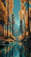 Vibrant autumn forest reflecting in tranquil water under starry sky at twilight photo