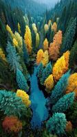 Vibrant autumn forest with turquoise water reflects colorful leaves in a serene valley photo