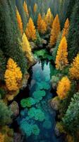 Lush autumn forest with vibrant trees surrounding a serene teal river flowing through rocky terrain photo