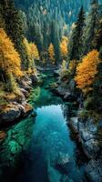 Stunning autumn landscape featuring a serene river surrounded by colorful trees in a mountainous region photo