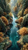 sereno otoño paisaje con un devanado río rodeado por vibrante arboles en dorado matices foto