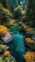 de la naturaleza vibrante reflexión a un sereno estanque rodeado por lozano verdor y vistoso flores foto