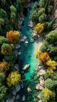 vibrante río fluye mediante lozano verdor en un tranquilo ajuste durante otoño foto