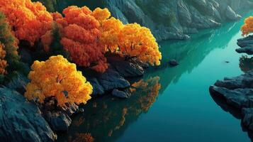 Vibrant autumn foliage reflects in tranquil waters of a serene river nestled between rocky cliffs photo