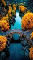 Vibrant autumn colors surround a stone bridge over a serene river in a picturesque landscape photo