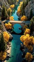 Breathtaking autumn landscape featuring a round bridge over a crystal-clear river surrounded by vibrant trees photo