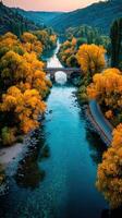 Autumn landscape with vibrant orange trees lining a river and a stone bridge during sunset in a serene valley photo