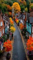 Charming street lined with colorful autumn trees in a historic village during sunset photo