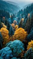 Vibrant forest landscape showcases autumn colors in a serene mountainous region under soft morning light photo
