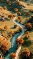 Winding river through autumn landscape with wooden cabin in serene countryside setting photo