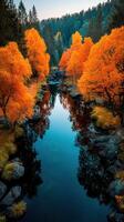 Vibrant autumn colors reflect on serene river surrounded by trees in peaceful natural setting photo