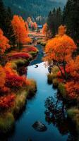 Autumn colors reflect in calm water surrounded by vibrant trees in a serene landscape photo