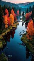 Vibrant autumn landscape with colorful trees and a serene river at dusk in a forested area photo