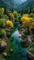 Serene river flows through vibrant autumn forest in mountainous region photo