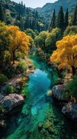 Crystal clear river flows through autumn forest at midday in serene natural landscape photo
