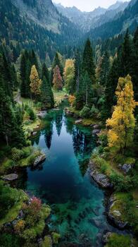 Serene autumn landscape featuring a tranquil lake surrounded by colorful trees and majestic mountains at dusk photo