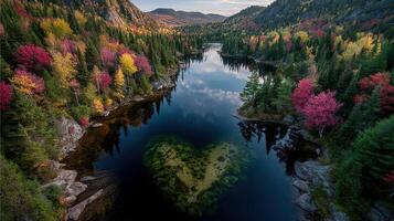 Stunning heart-shaped rock formation in serene lake surrounded by colorful autumn foliage at sunset photo