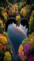 Heart-shaped lake surrounded by vibrant autumn foliage in a tranquil forest setting photo