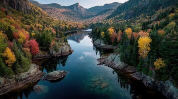 Autumn colors reflect on still waters in a serene mountain valley during sunset photo