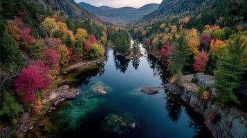Colorful autumn landscape with rivers and mountains in a serene natural setting during late afternoon photo