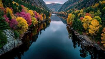 Colorful autumn foliage reflects in a tranquil river surrounded by mountains in a serene landscape during fall photo
