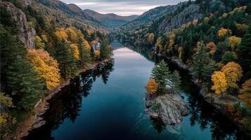 Lush autumn landscape reflecting on a calm river amid vibrant foliage in the mountains at sunset photo