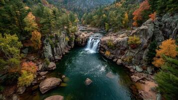 Lush autumn landscape featuring a serene waterfall and vibrant foliage in a tranquil national park photo