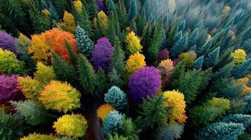 Colorful autumn foliage seen from above in a dense forest during the changing seasons photo